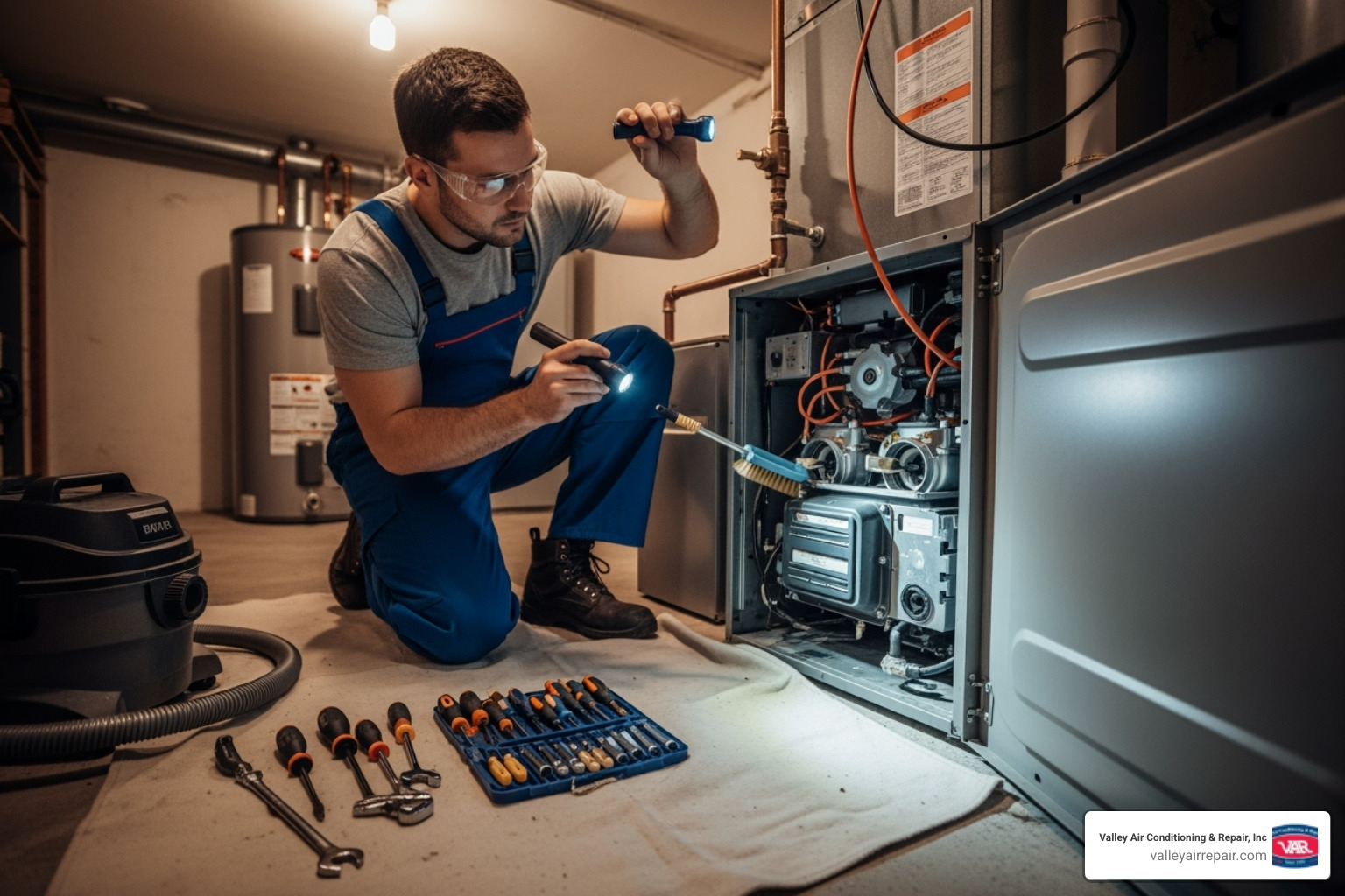 A skilled technician diligently performing maintenance on a heating system, using tools to inspect and clean internal components - heating maintenance sanger