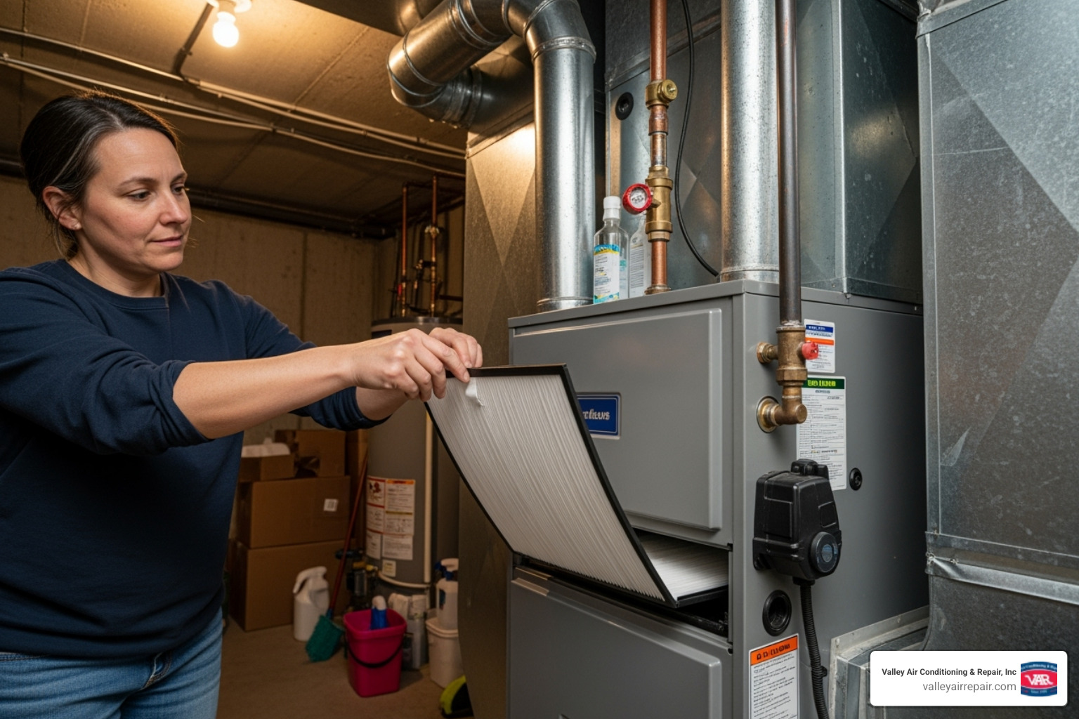A homeowner confidently replacing a furnace air filter, demonstrating a simple yet crucial DIY heating maintenance task - heating maintenance sanger