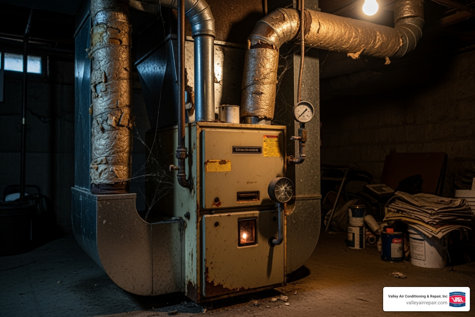 of an old, inefficient furnace in a basement or closet - furnace installation modesto ca