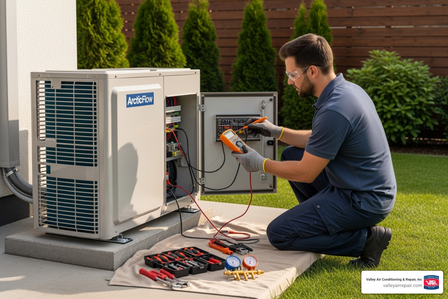 Image of a skilled technician performing a tune-up on a new outdoor AC system, checking components - ac installation modesto ca