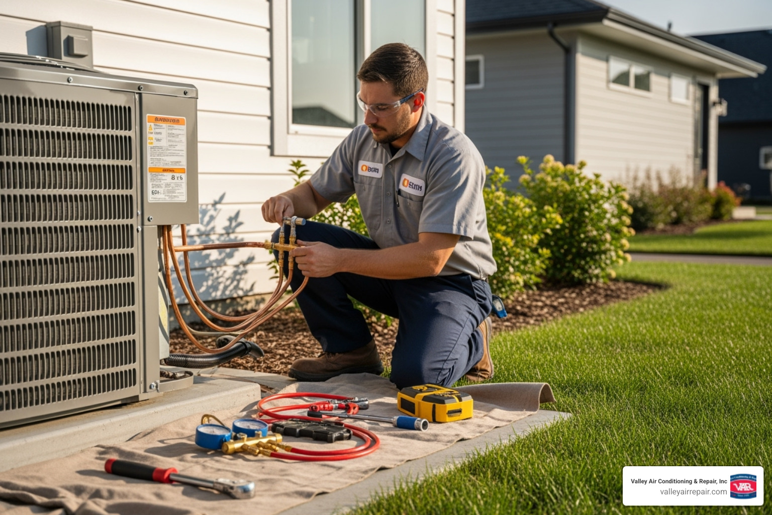 Image of a certified HVAC technician professionally installing an outdoor AC unit, connecting refrigerant lines - ac installation modesto ca