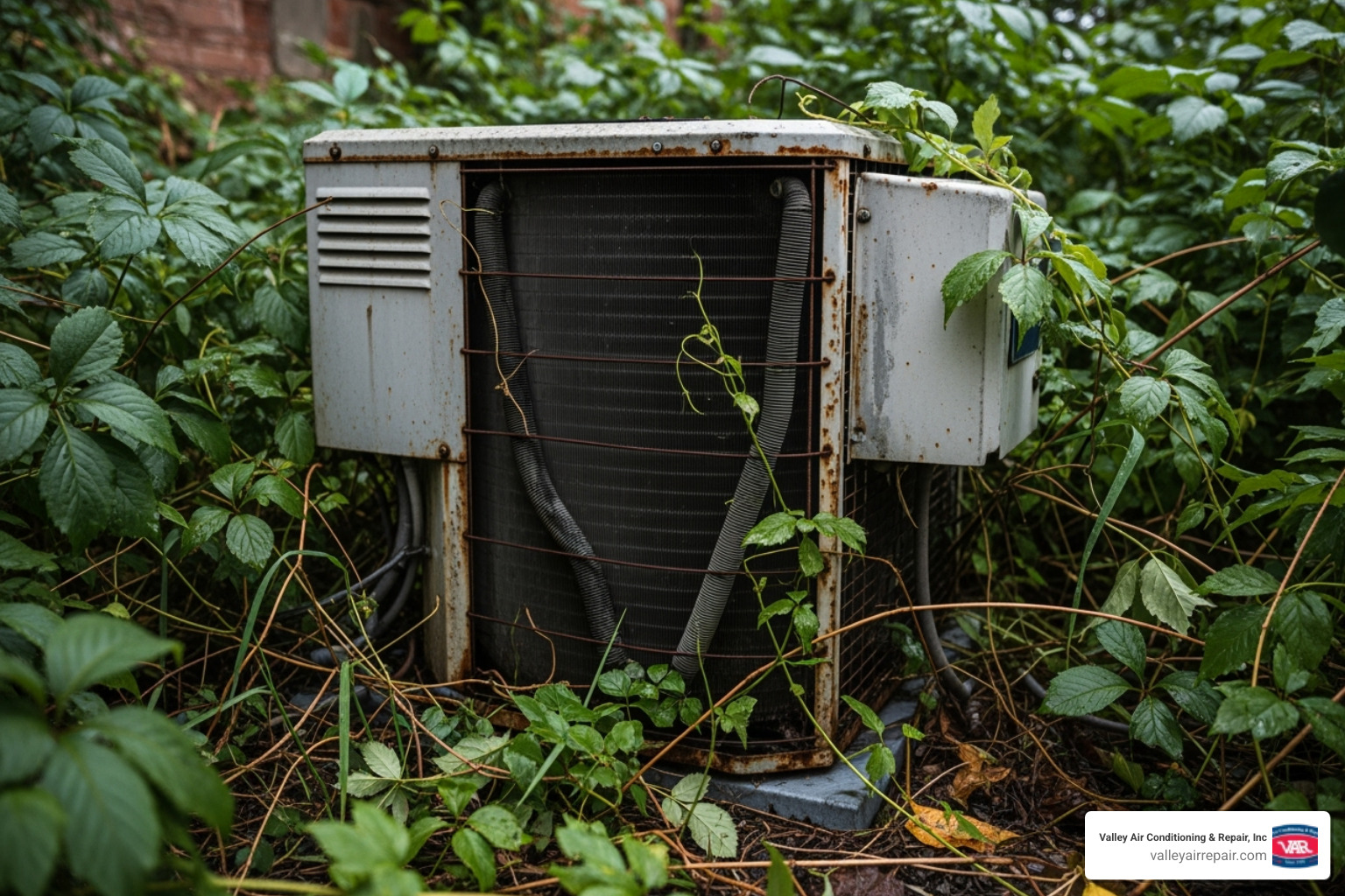 Image of an old, inefficient-looking outdoor AC unit with rust and overgrown foliage - ac installation modesto ca