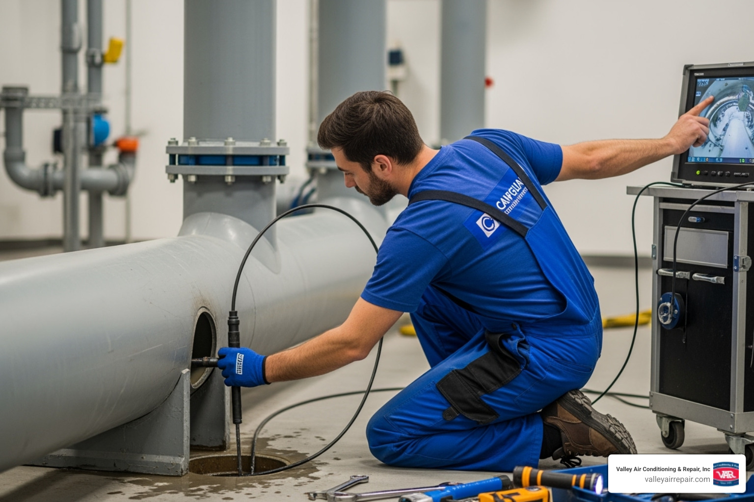 A plumber using a CCTV drain camera in a commercial pipe - Commercial plumbing fixture repair