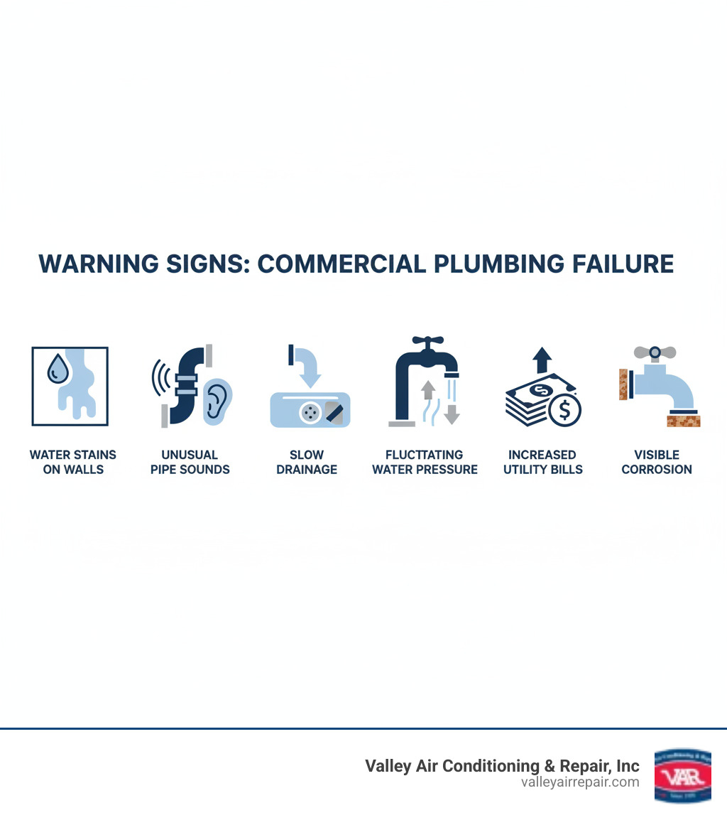 infographic showing warning signs of commercial plumbing fixture failure including water stains on walls, unusual sounds from pipes, slow drainage, fluctuating water pressure, increased utility bills, and visible corrosion on fixtures - Commercial plumbing fixture repair infographic 