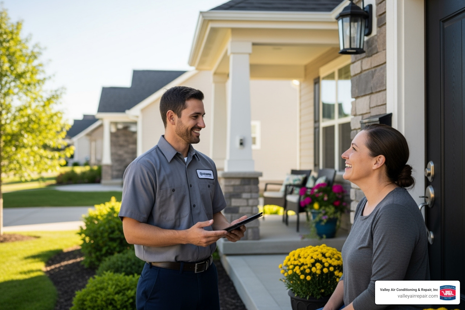friendly technician talking with a homeowner at their doorstep - furnace repair modesto ca