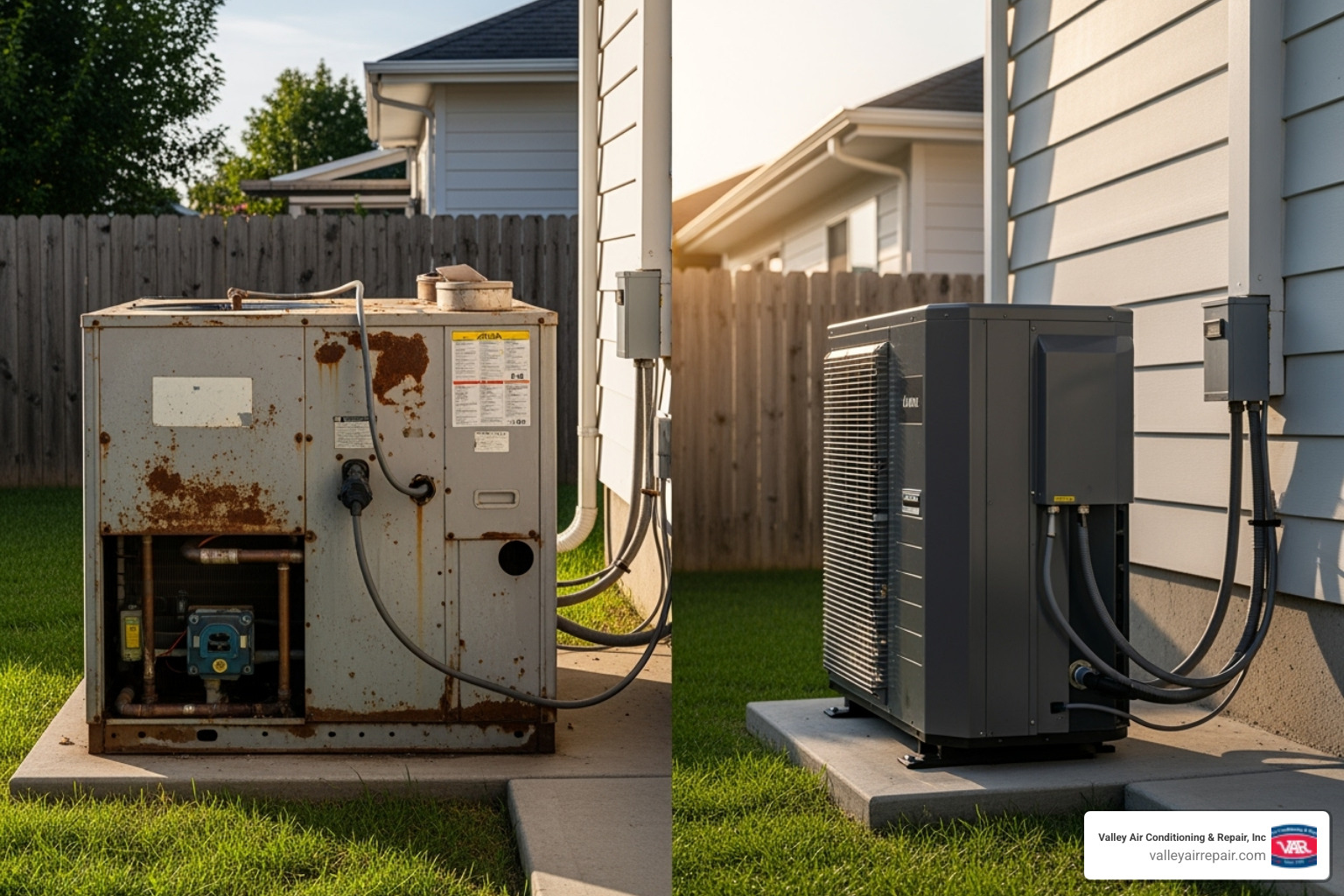 An image contrasting an old, inefficient HVAC unit with a sleek, modern heat pump unit - heat pump installation modesto
