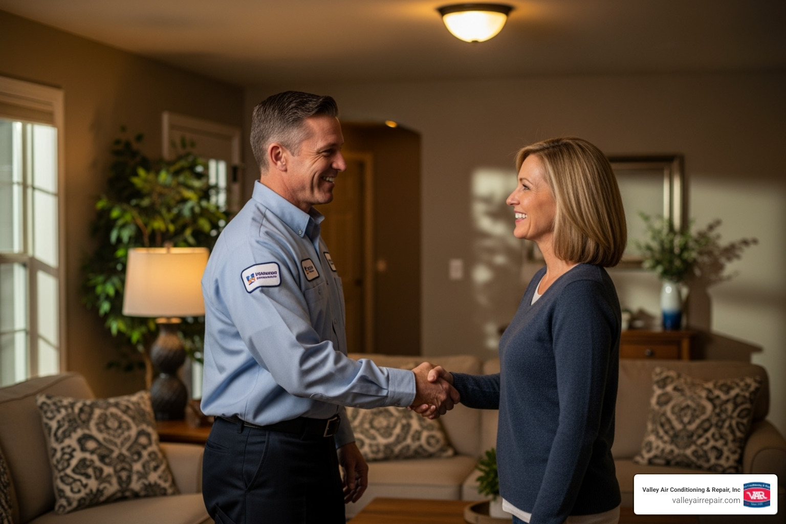A friendly technician shaking hands with a happy homeowner - 24 hour hvac repair modesto