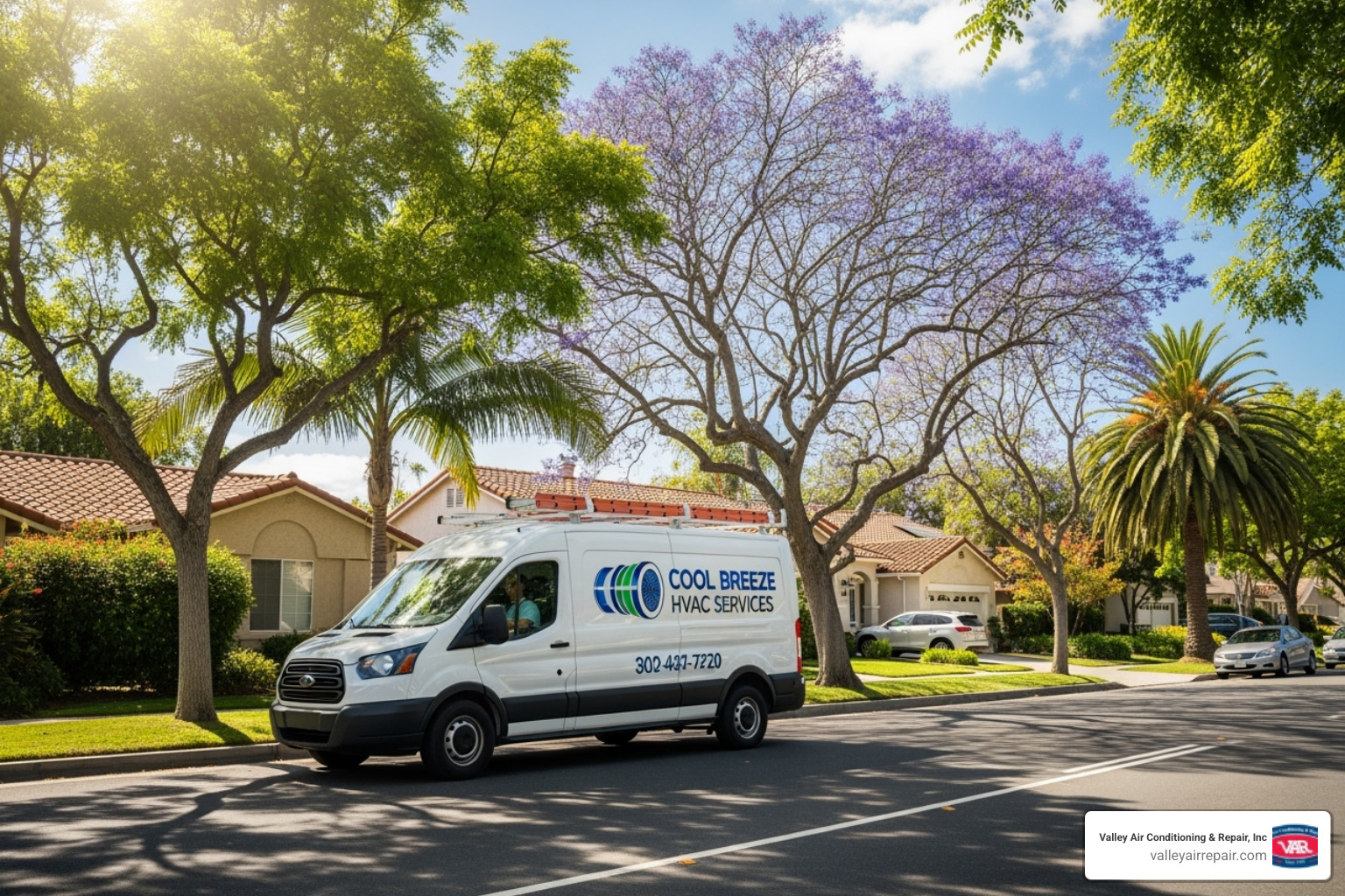 A service van driving through a recognizable Modesto neighborhood - 24 hour hvac repair modesto