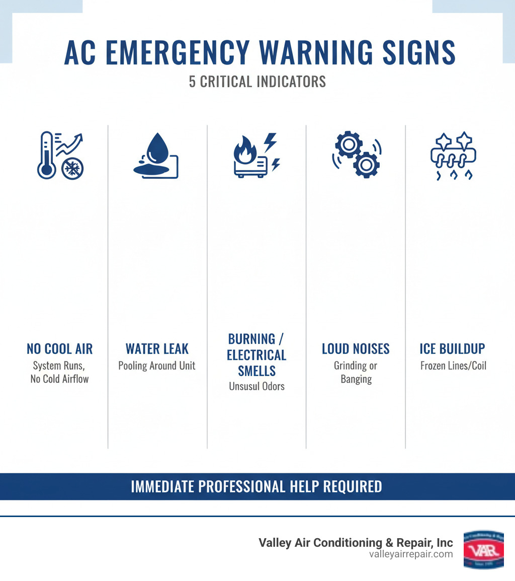 infographic showing five critical AC emergency warning signs: no cool air despite running system, water pooling around unit, burning or electrical smells, loud grinding or banging noises, and ice forming on refrigerant lines or evaporator coil - 24 hour ac repair oakdale infographic 