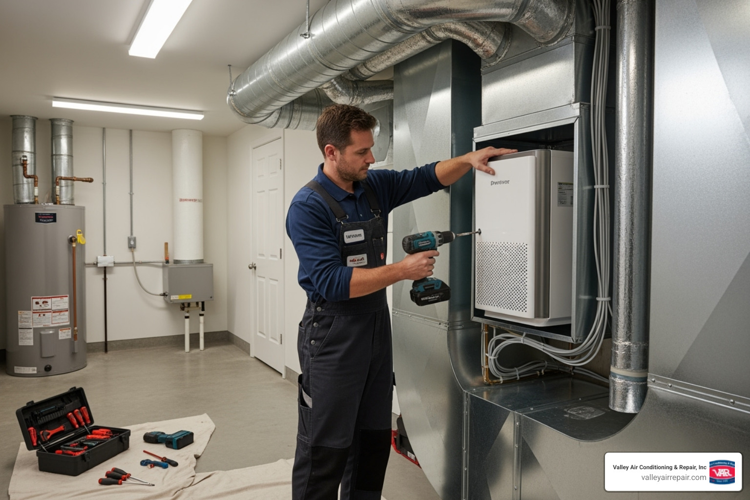 Image of a certified technician professionally installing an air purifier into an HVAC system - air purifier installation ceres
