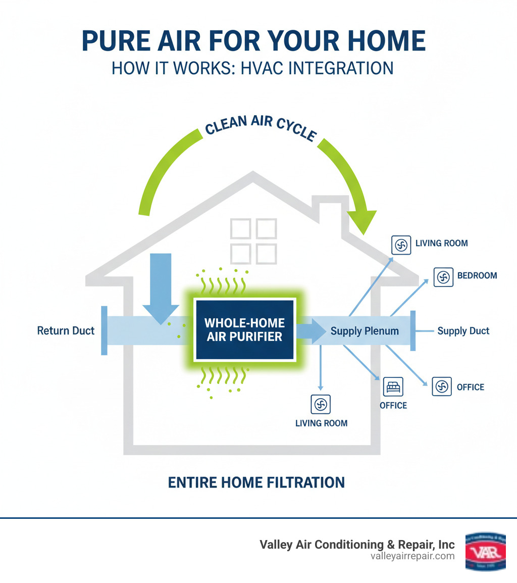 Infographic showing how a whole-home air purifier integrates with an HVAC system, with air flowing through the return duct, passing through the air purifier unit mounted in the supply plenum, then being distributed through supply ducts to every room in the house, creating a continuous cycle of filtered air throughout the entire home - air purifier installation ceres infographic 