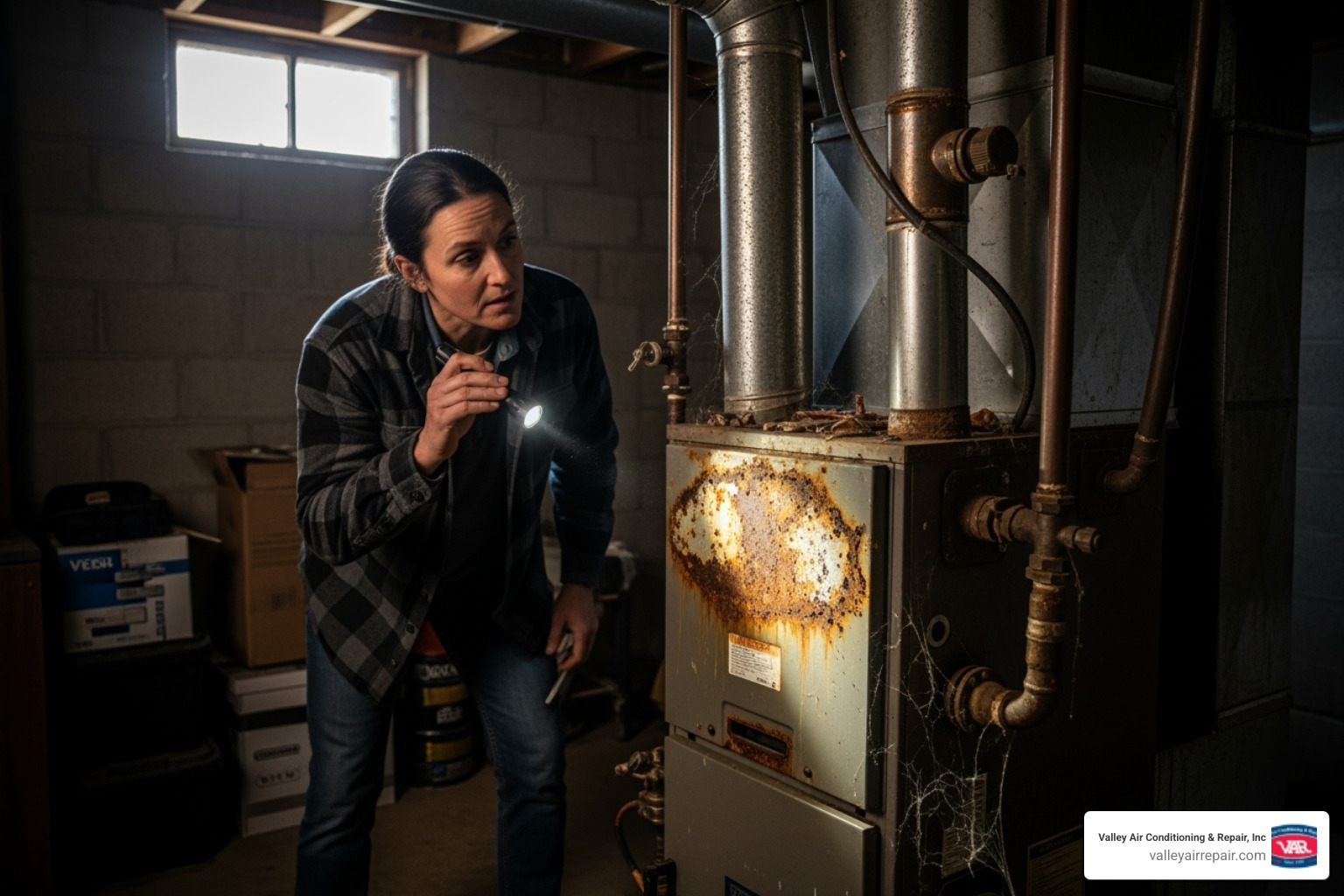 homeowner looking concerned at an old, rusted furnace - furnace replacement oakdale