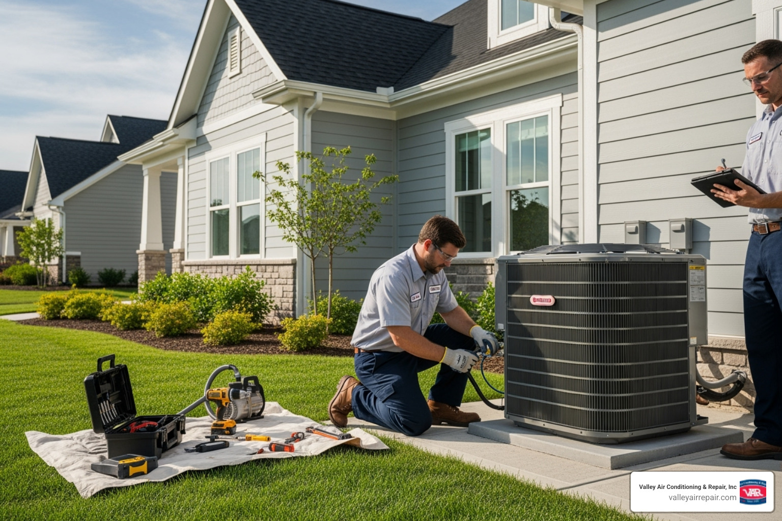professional technicians carefully installing a new outdoor condenser unit - ac replacement manteca ca