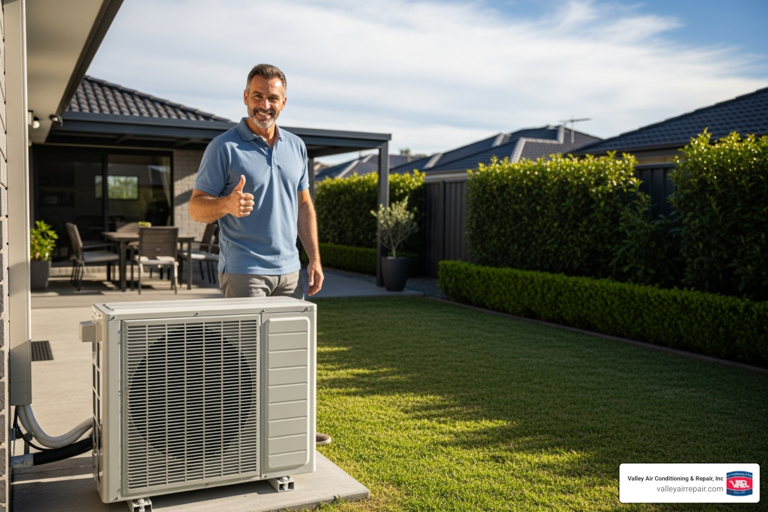 satisfied homeowner giving a thumbs-up next to their new AC unit - ac replacement manteca ca