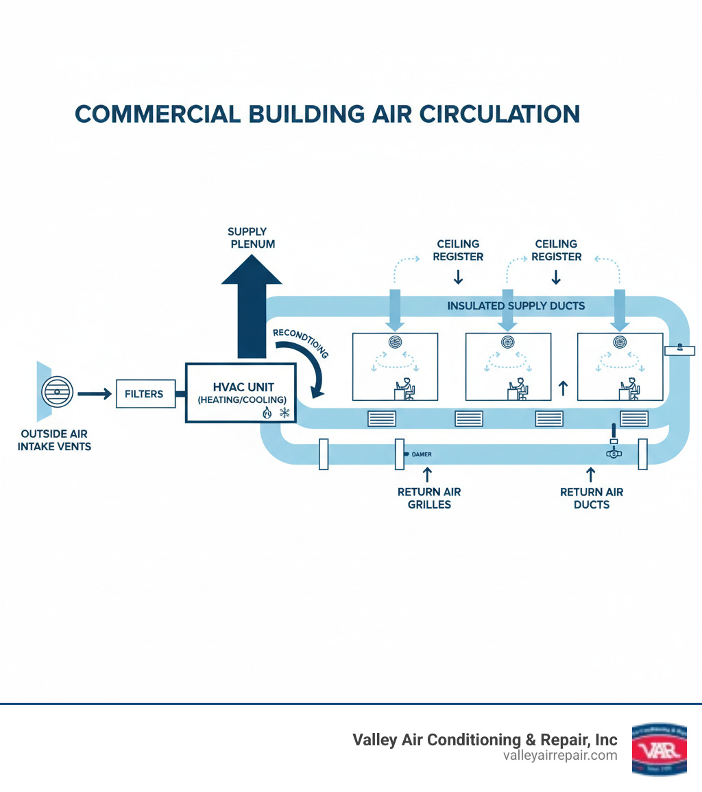 Infographic showing the complete air circulation pathway in a commercial building: outside air enters through intake vents, passes through filters and the HVAC unit for heating or cooling, travels through insulated supply ducts to individual rooms via ceiling registers, circulates through the workspace, returns through return air grilles in walls or ceilings, flows back through return ducts to the HVAC unit for reconditioning, with arrows indicating proper airflow direction and labels highlighting key components like dampers, plenums, and the air handler - commercial ductwork modesto infographic 
