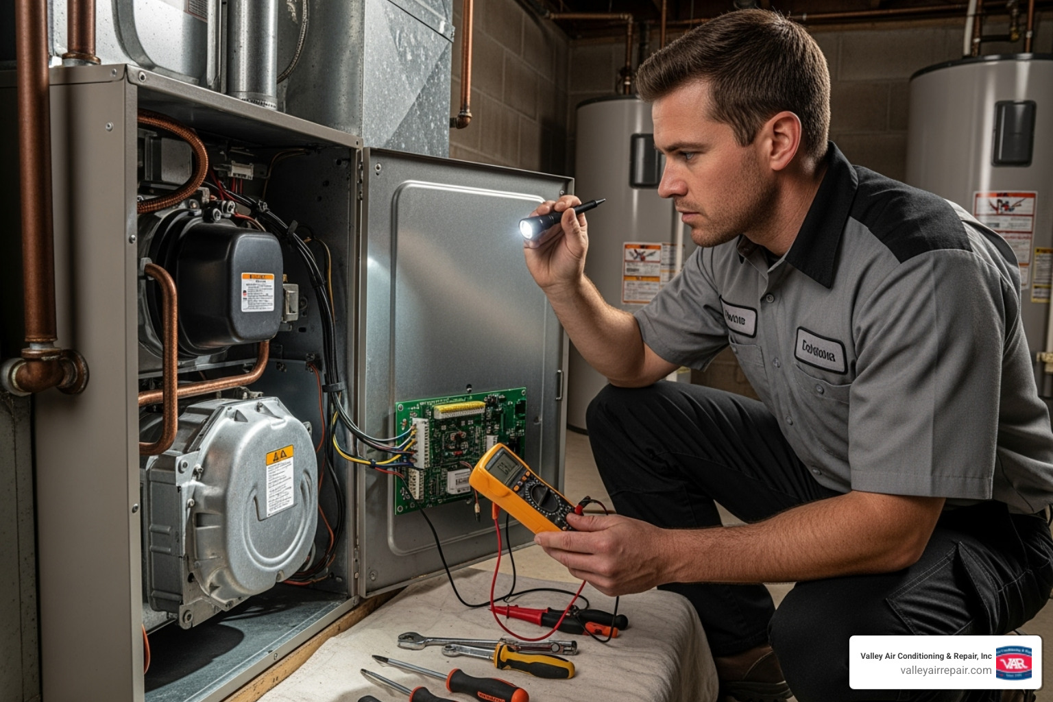 of an HVAC technician inspecting the internal components of a furnace - furnace repair near me ripon of an HVAC technician inspecting the internal components of a furnace - furnace repair near me ripon