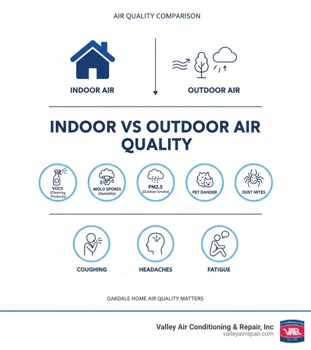 infographic showing indoor vs outdoor air quality comparison, common indoor pollutants including VOCs from cleaning products, mold spores from humidity, PM2.5 from outdoor smoke, pet dander, and dust mites, with icons representing each pollutant source and health symptoms like coughing, headaches, and fatigue - air quality testing oakdale infographic 