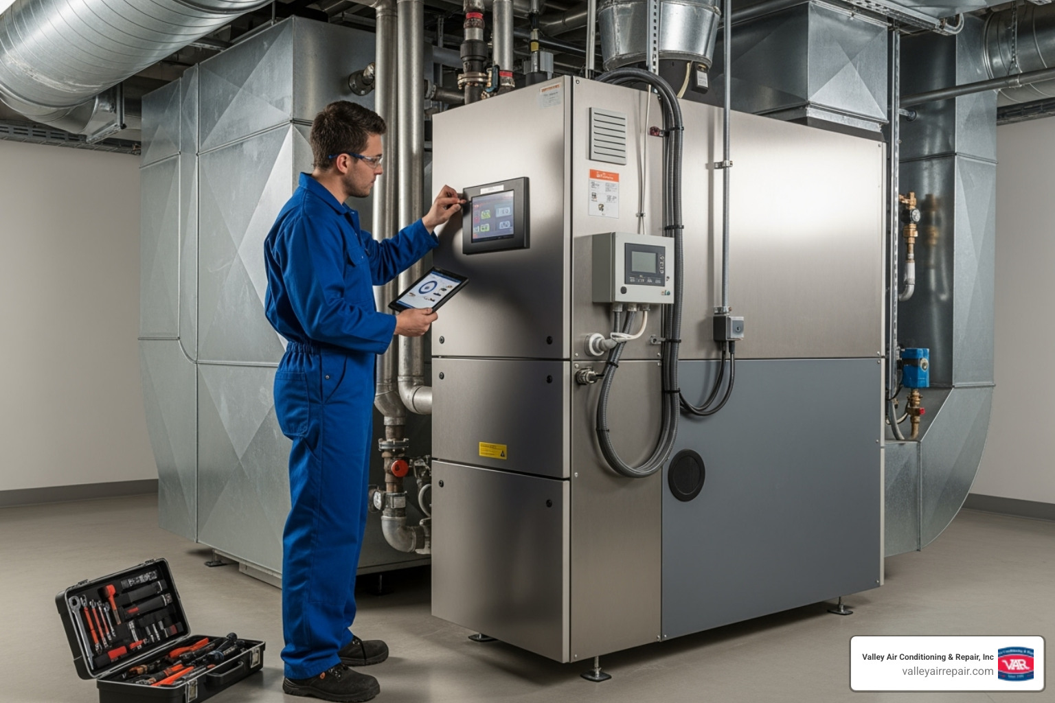 technician performing maintenance on a clean, modern commercial furnace - commercial furnace installation modesto technician performing maintenance on a clean, modern commercial furnace - commercial furnace installation modesto