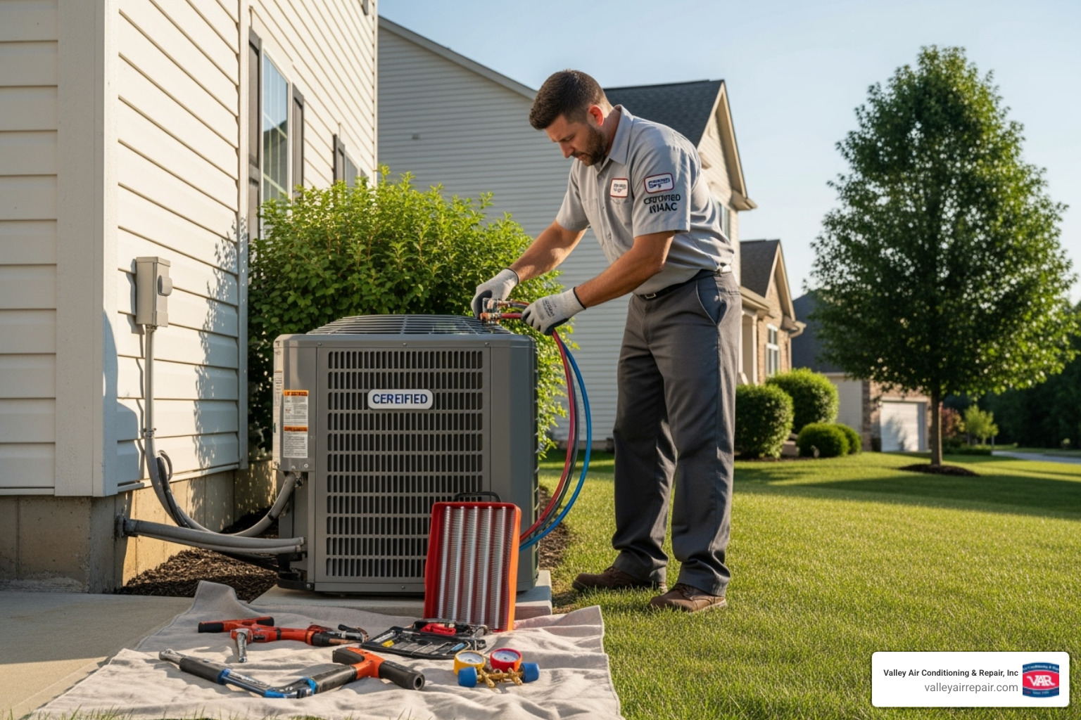 certified technician carefully installing an outdoor AC unit - air conditioner installation ceres ca certified technician carefully installing an outdoor AC unit - air conditioner installation ceres ca