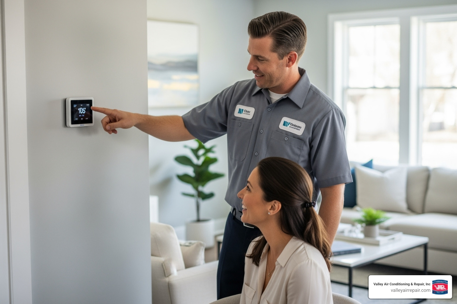 friendly technician explaining a new thermostat to a homeowner - air conditioner installation ceres ca friendly technician explaining a new thermostat to a homeowner - air conditioner installation ceres ca