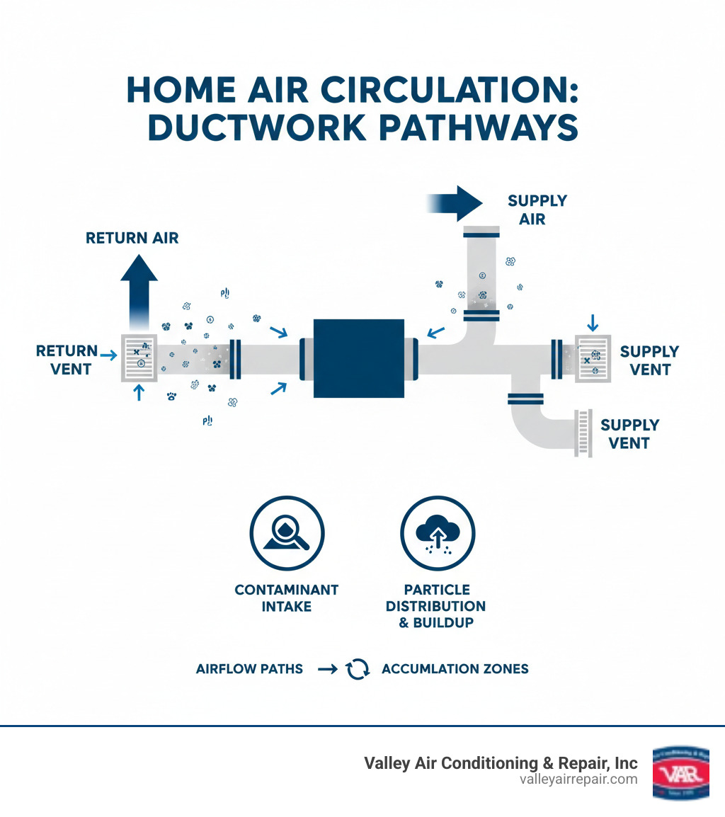 Detailed infographic showing how dust, allergens, pet dander, and debris circulate through home ductwork system, with arrows indicating airflow patterns and accumulation points in supply and return ducts - hvac duct inspection oakdale infographic Detailed infographic showing how dust, allergens, pet dander, and debris circulate through home ductwork system, with arrows indicating airflow patterns and accumulation points in supply and return ducts - hvac duct inspection oakdale infographic