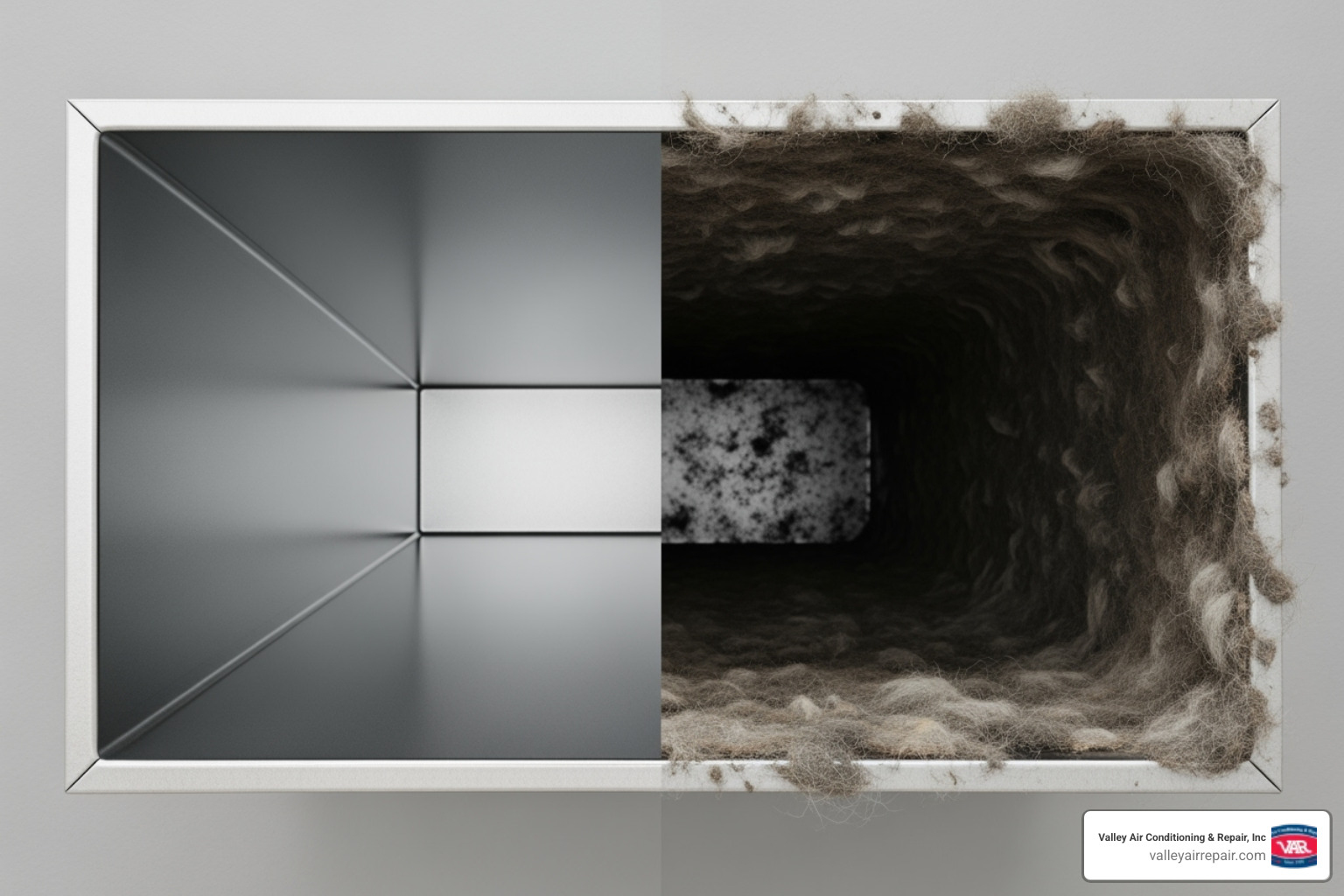 Diagram showing a clean air duct next to a dirty air duct, highlighting the difference in airflow and particulate matter - hvac duct inspection oakdale Diagram showing a clean air duct next to a dirty air duct, highlighting the difference in airflow and particulate matter - hvac duct inspection oakdale