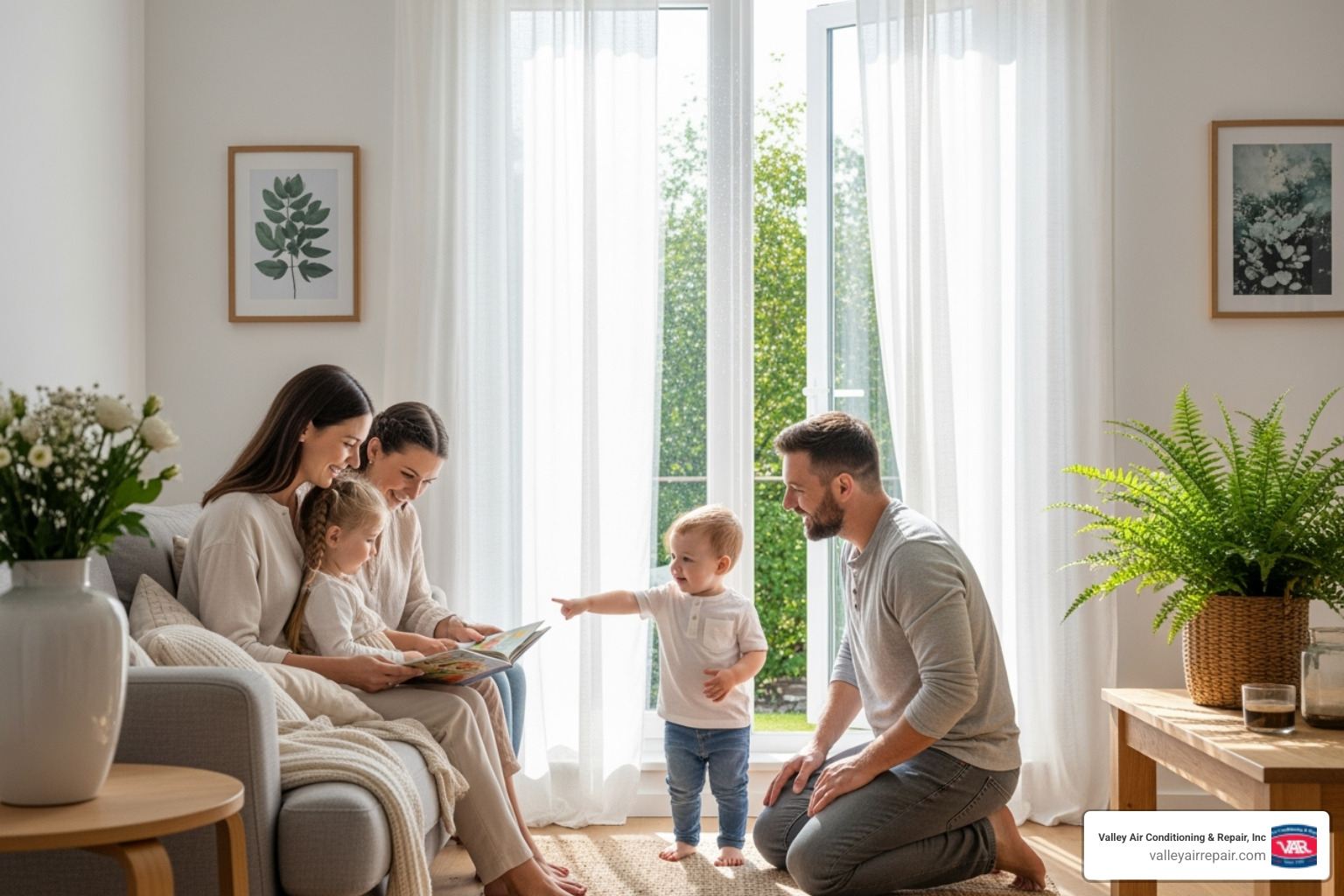 Family enjoying clean air in their living room - hvac duct inspection oakdale Family enjoying clean air in their living room - hvac duct inspection oakdale
