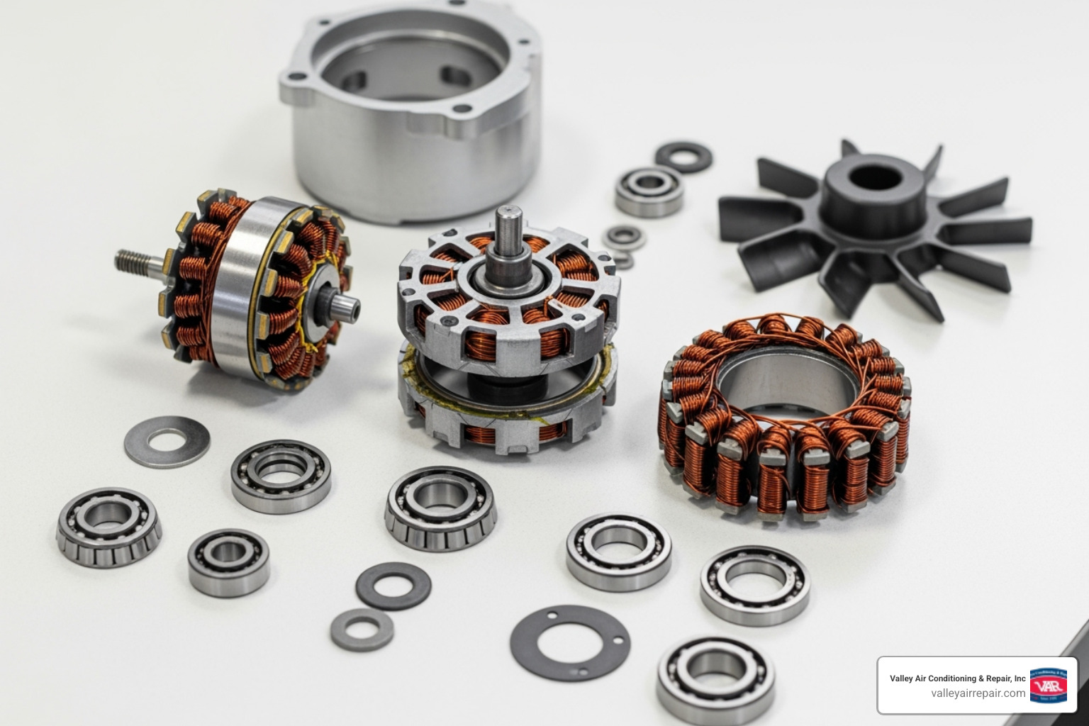 A disassembled fan motor with parts like the rotor, stator, and bearings clearly laid out - fan motor repair A disassembled fan motor with parts like the rotor, stator, and bearings clearly laid out - fan motor repair