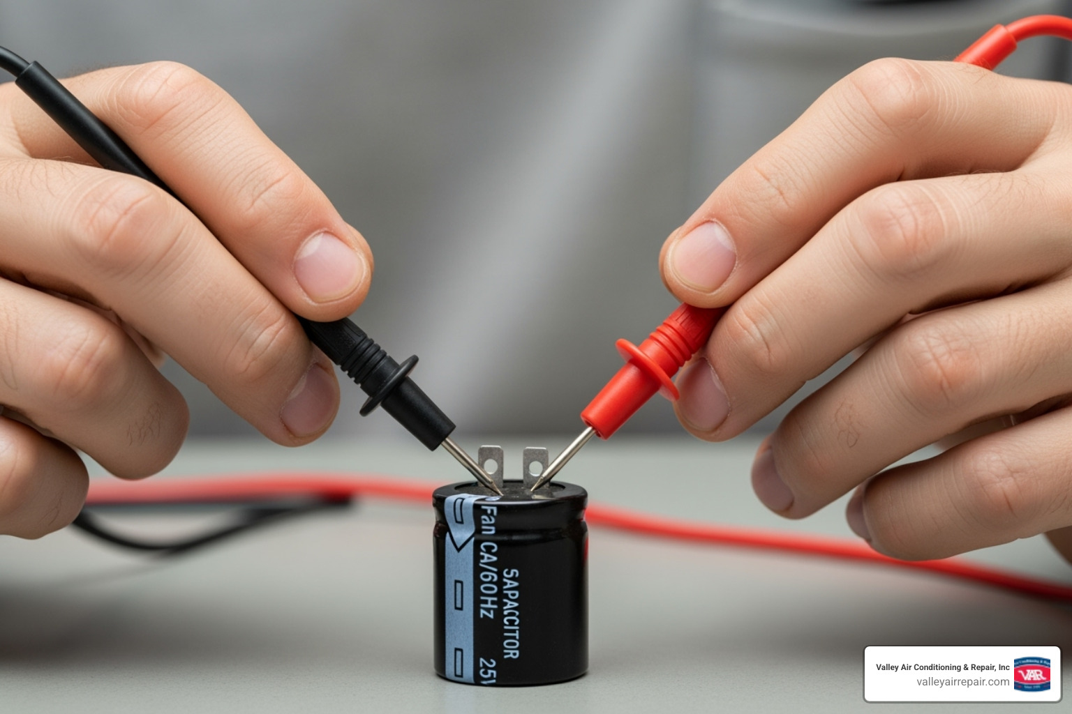 A multimeter testing a fan capacitor - fan motor repair A multimeter testing a fan capacitor - fan motor repair