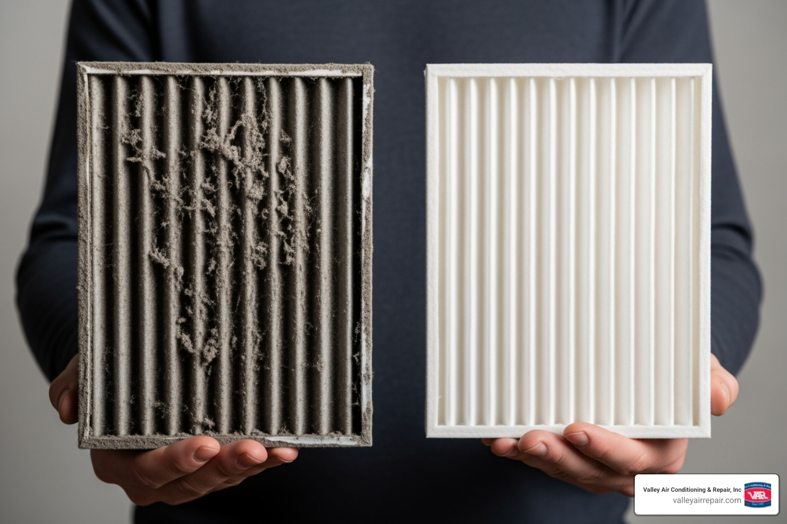 person holding a dirty furnace filter next to a new clean one - heater not working ceres person holding a dirty furnace filter next to a new clean one - heater not working ceres