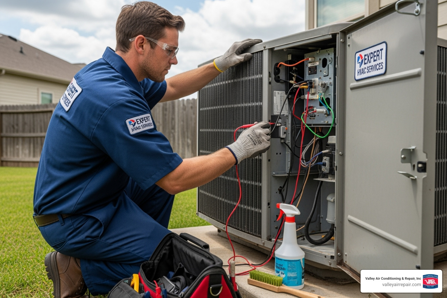 a technician performing an AC tune-up - emergency ac repair ceres a technician performing an AC tune-up - emergency ac repair ceres