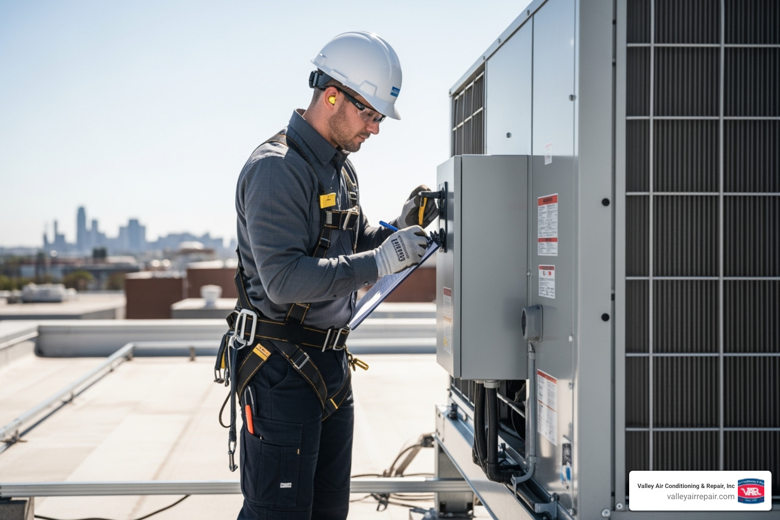 A certified technician inspecting a commercial rooftop HVAC unit during installation - commercial heating installation ceres A certified technician inspecting a commercial rooftop HVAC unit during installation - commercial heating installation ceres