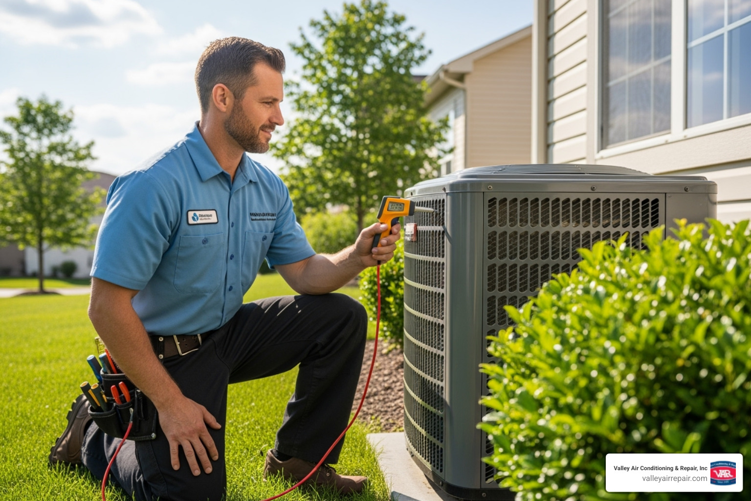 friendly, professional technician inspecting an AC unit - ac repair modesto ca friendly, professional technician inspecting an AC unit - ac repair modesto ca