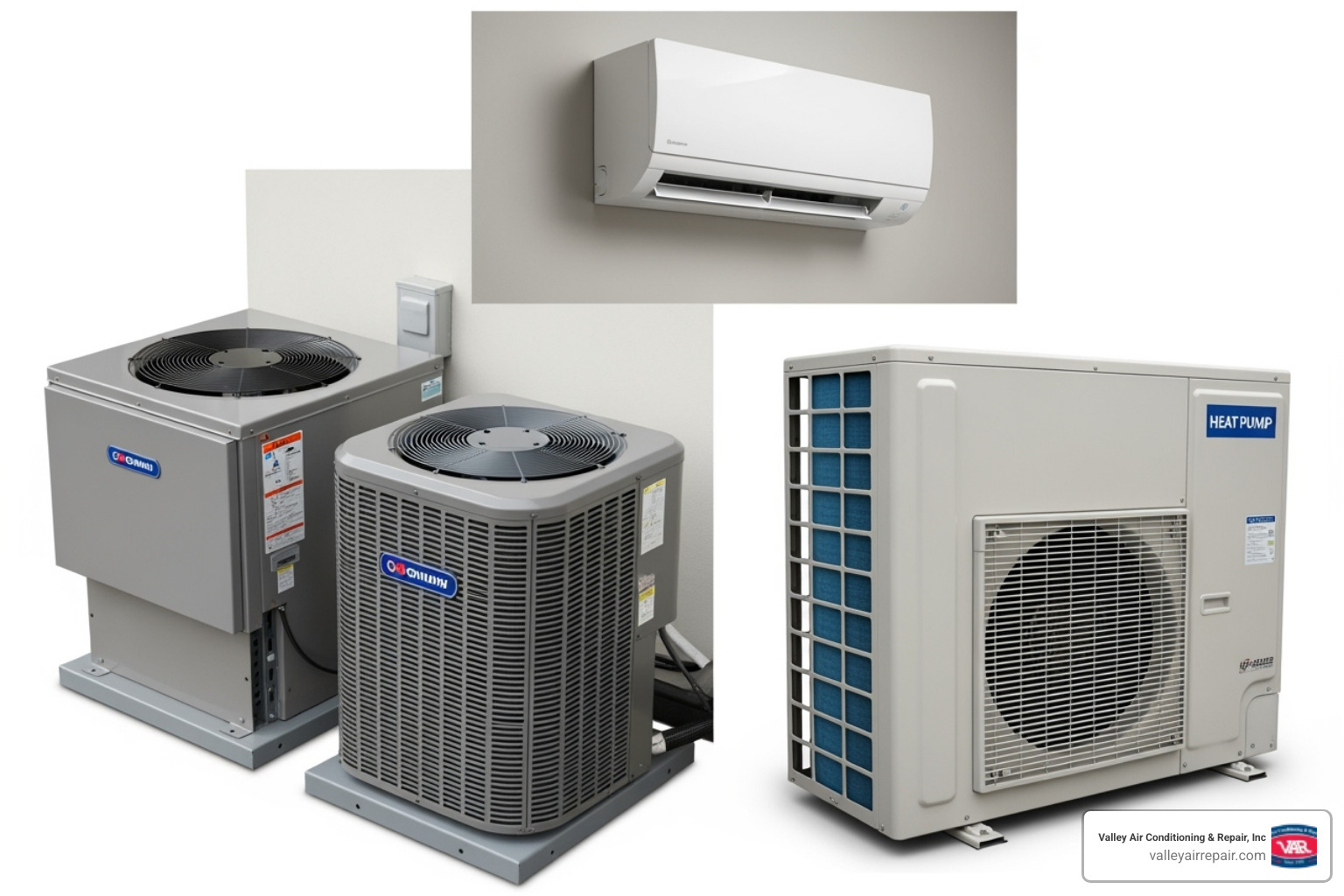 A graphic showing three different types of AC systems: a central air conditioning unit, a ductless mini-split unit mounted on a wall, and an outdoor heat pump unit. - air conditioning replacement near me