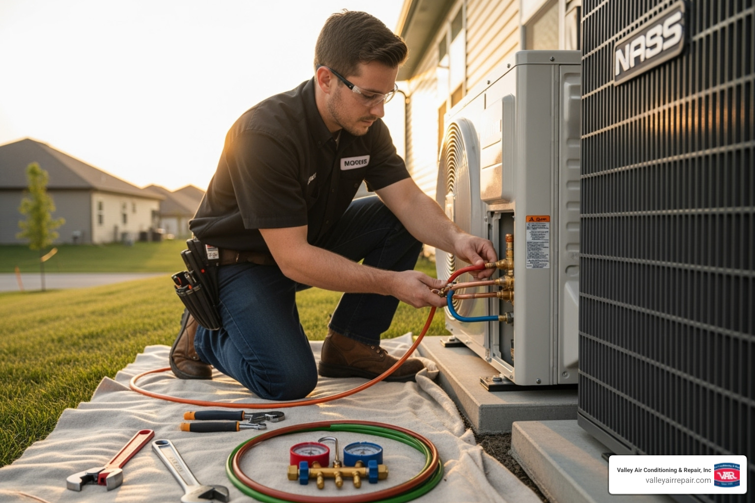 A professional HVAC technician meticulously connects refrigerant lines on a newly installed outdoor AC condenser unit, demonstrating precision and care. - air conditioning replacement near me