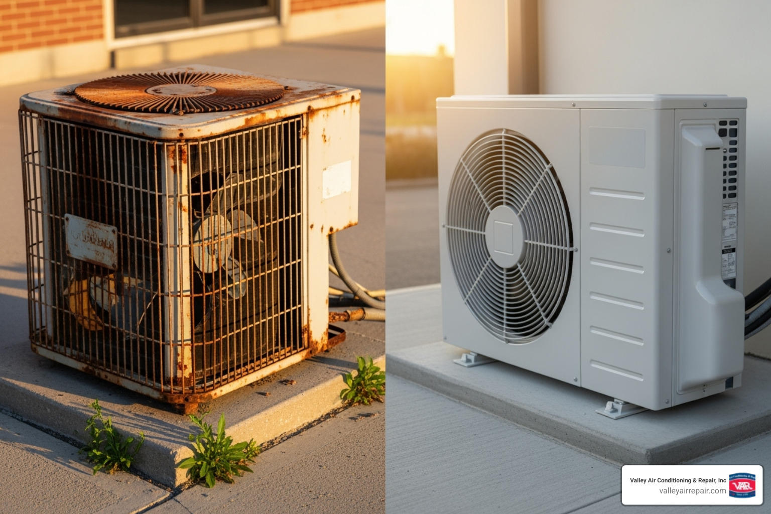 An old, rusted outdoor AC unit stands next to a shiny new, clean one, symbolizing the transition from outdated to modern cooling technology. - air conditioning replacement near me