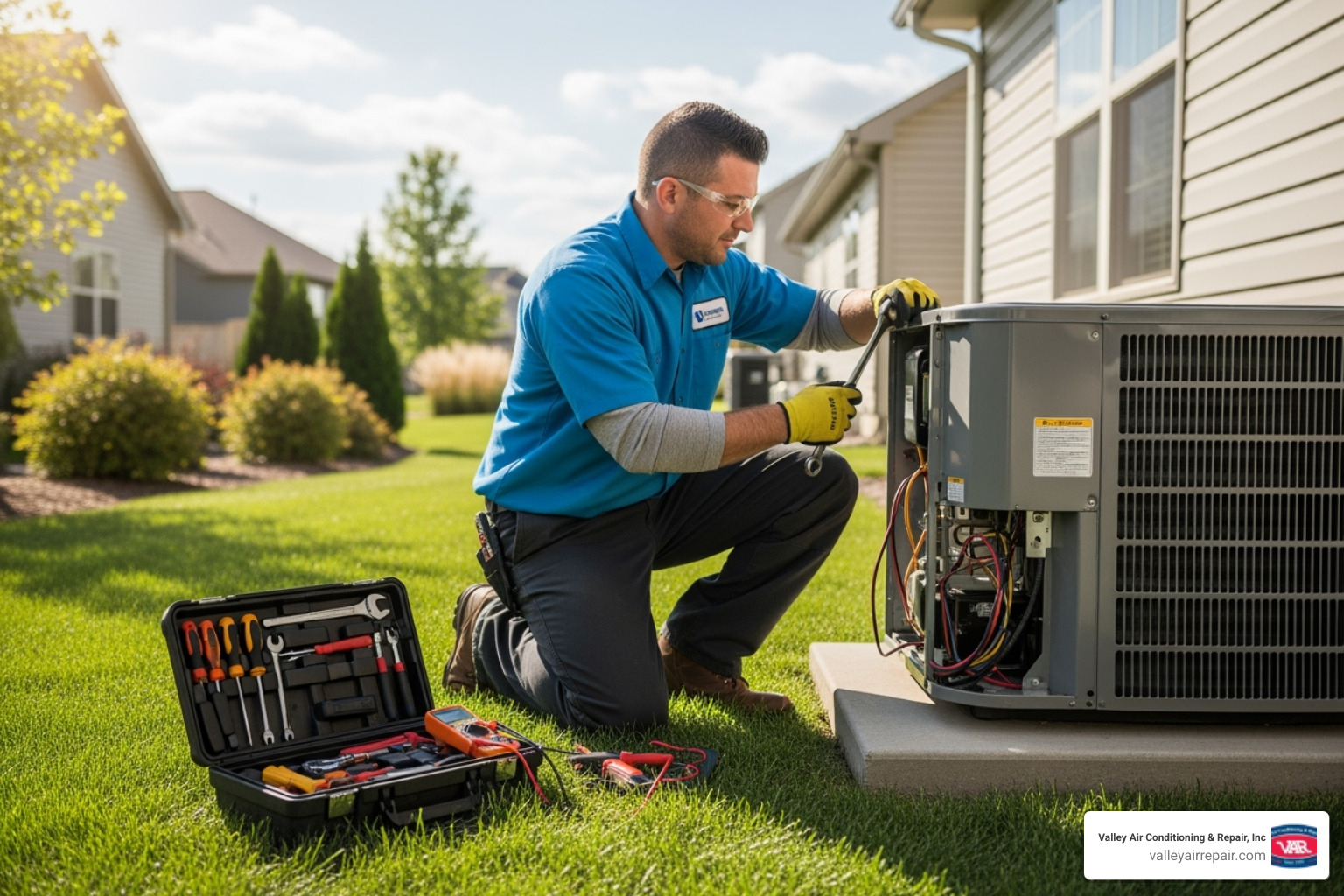 Technician servicing an outdoor AC unit - Preventative AC maintenance
