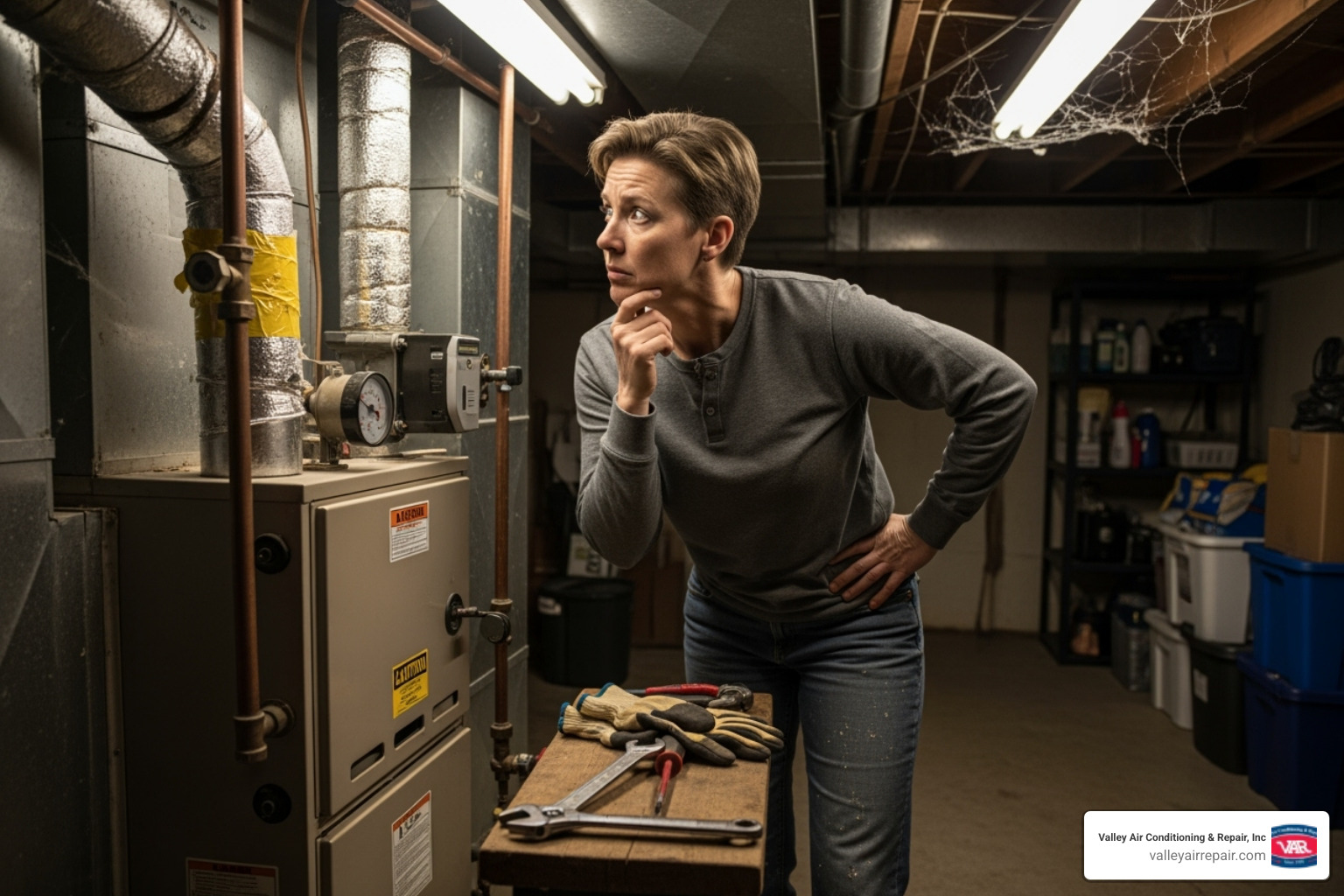 a homeowner looking quizzically at their furnace - heating maintenance oakdale