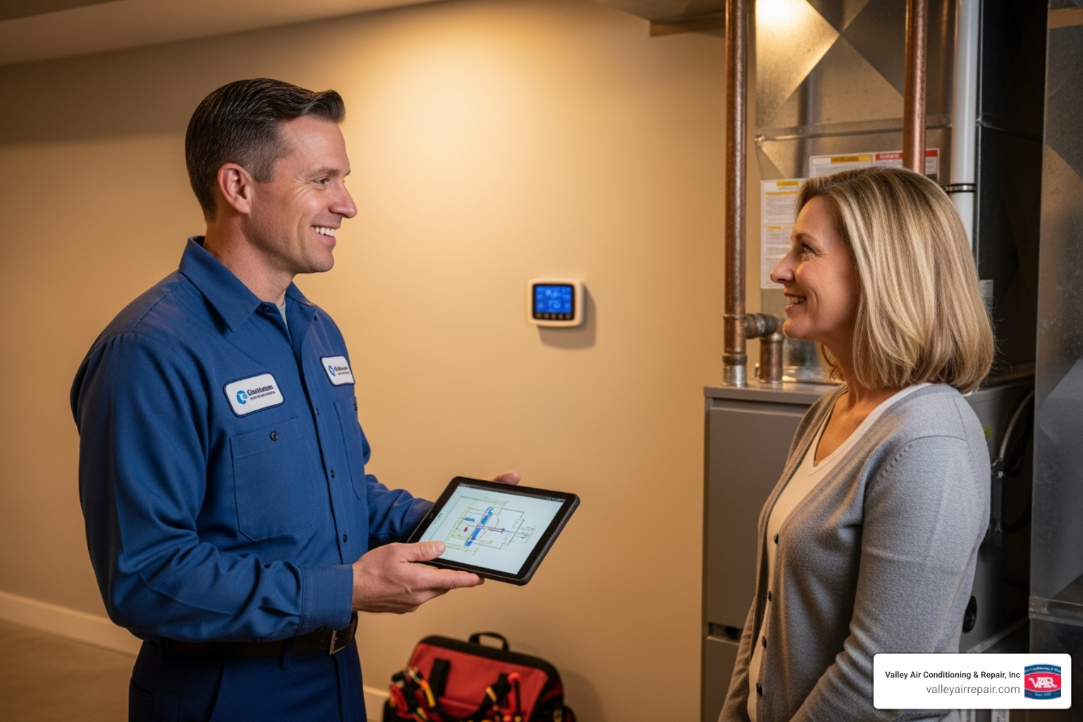a friendly technician talking with a homeowner - heating maintenance oakdale