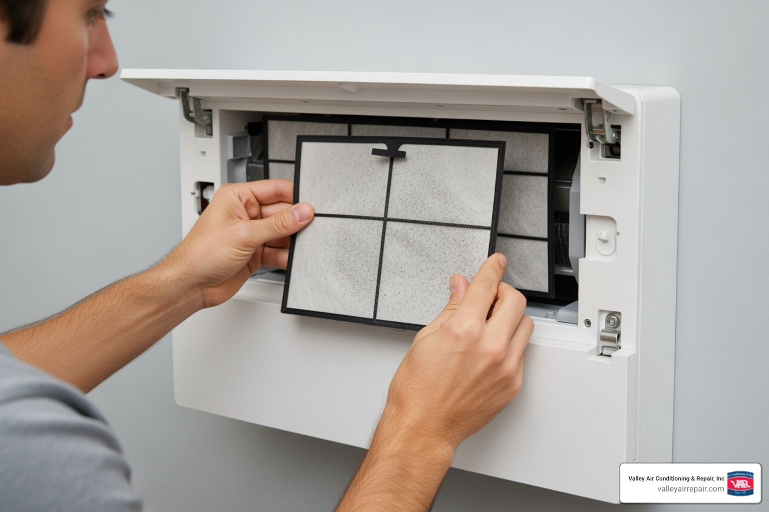 A homeowner easily removing and cleaning the reusable filter from their wall-mounted indoor ductless unit. - ductless heat pump installation oakdale