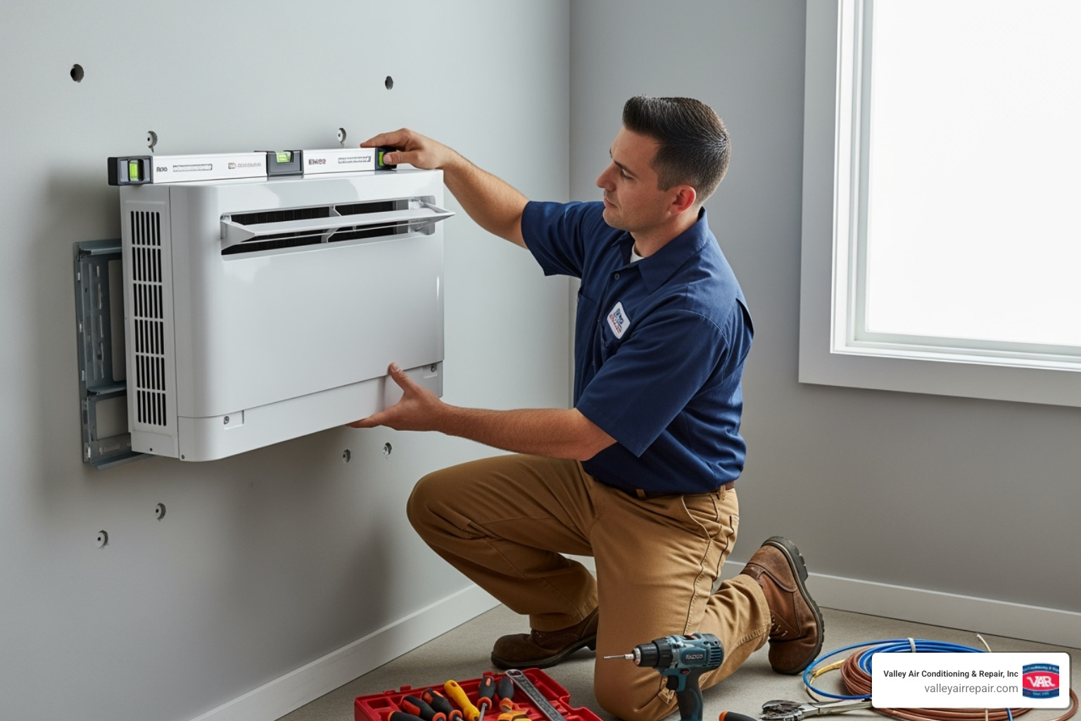 A certified technician carefully mounting an indoor ductless unit on a wall, ensuring it's level and securely fastened. - ductless heat pump installation oakdale