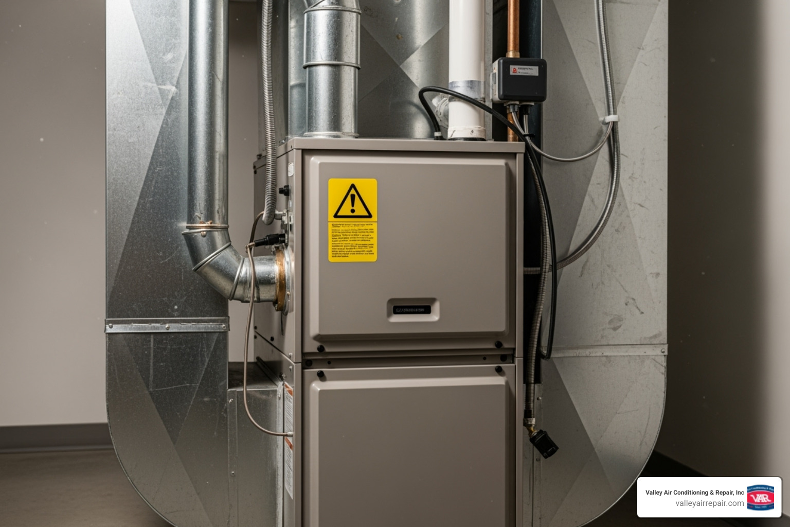 A furnace with a warning icon - emergency heating repair turlock