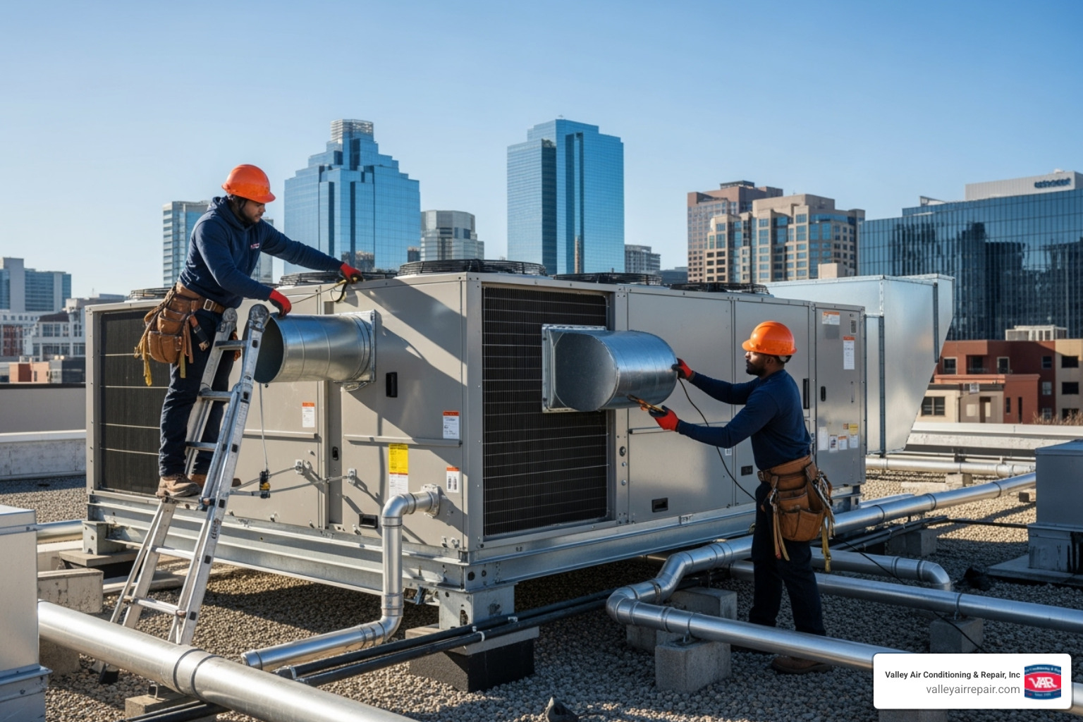 HVAC technicians safely working on a commercial installation - commercial hvac installation modesto