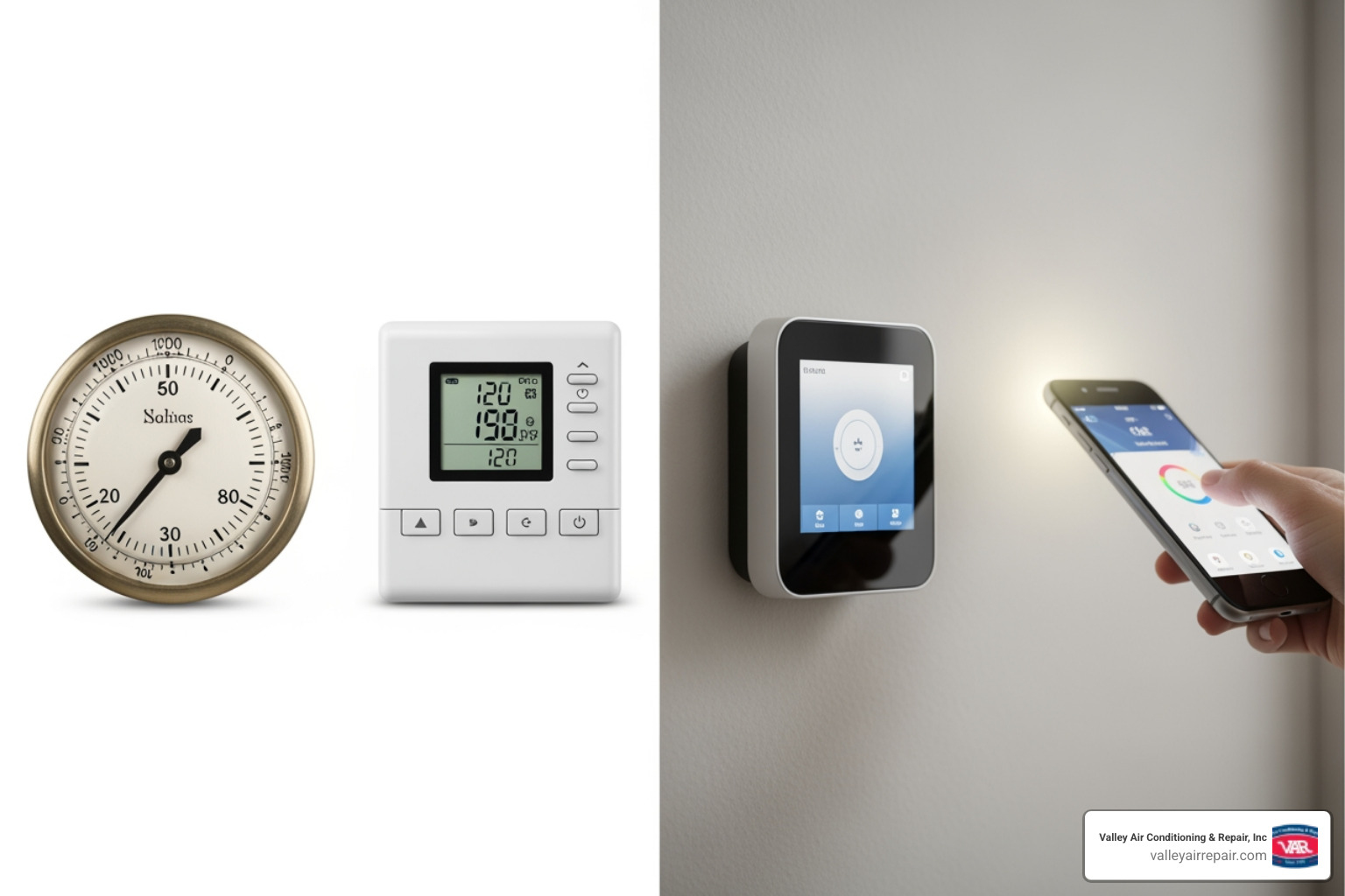 Infographic showing the evolution from traditional to programmable to smart thermostats, detailing features like manual, scheduled, and AI-driven adjustments, remote control, and energy savings. - thermostats & smart controls
