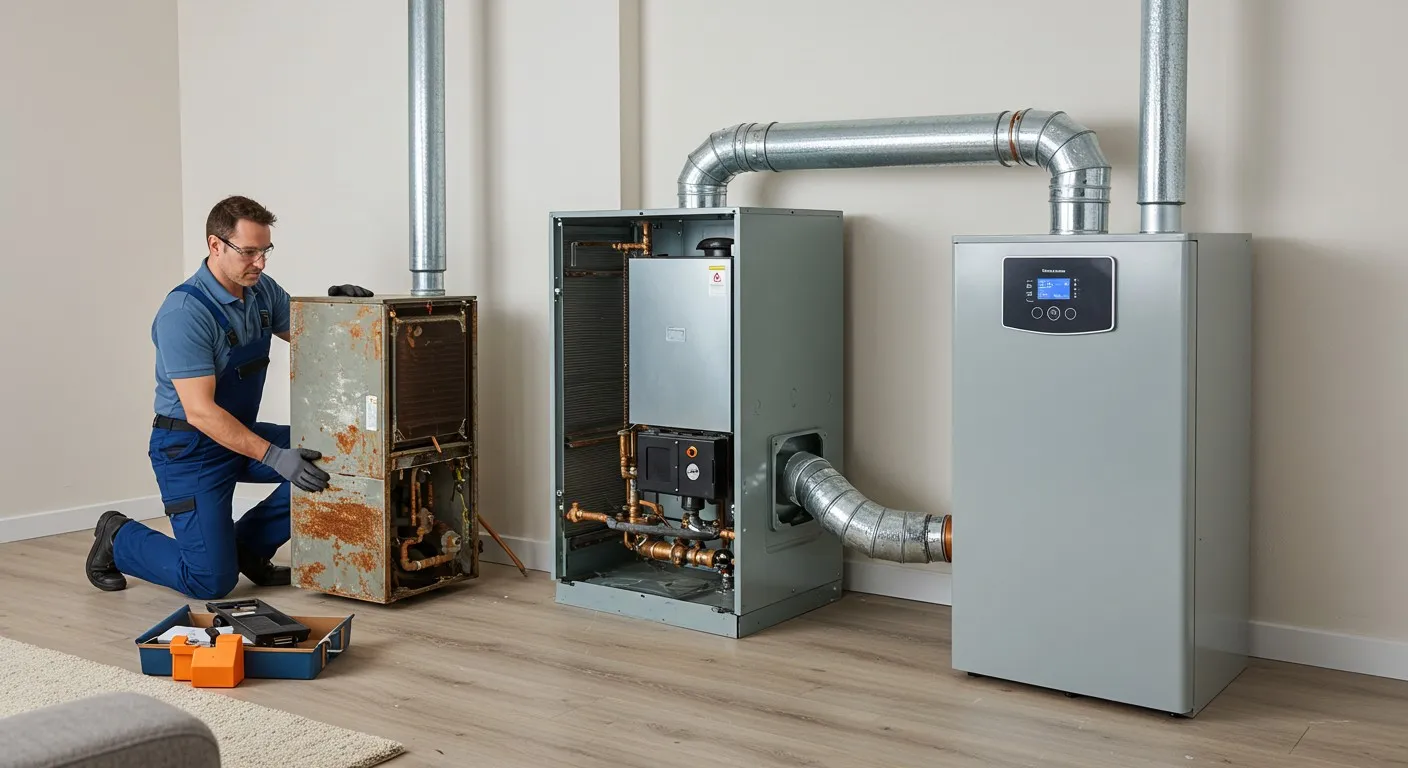 Plumber servicing a heating unit.