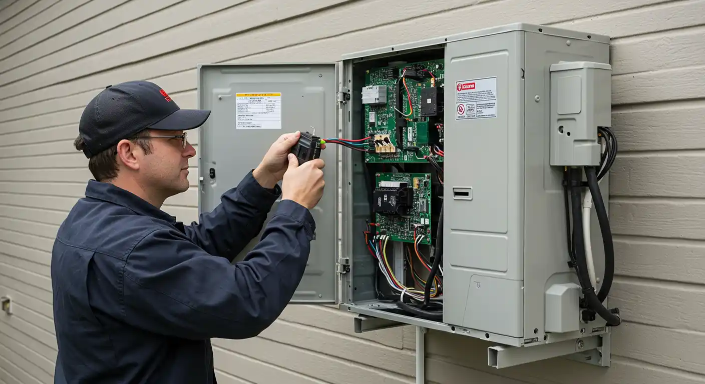 An HVAC technician working on the open electrical panel of a mini-split outdoor unit.