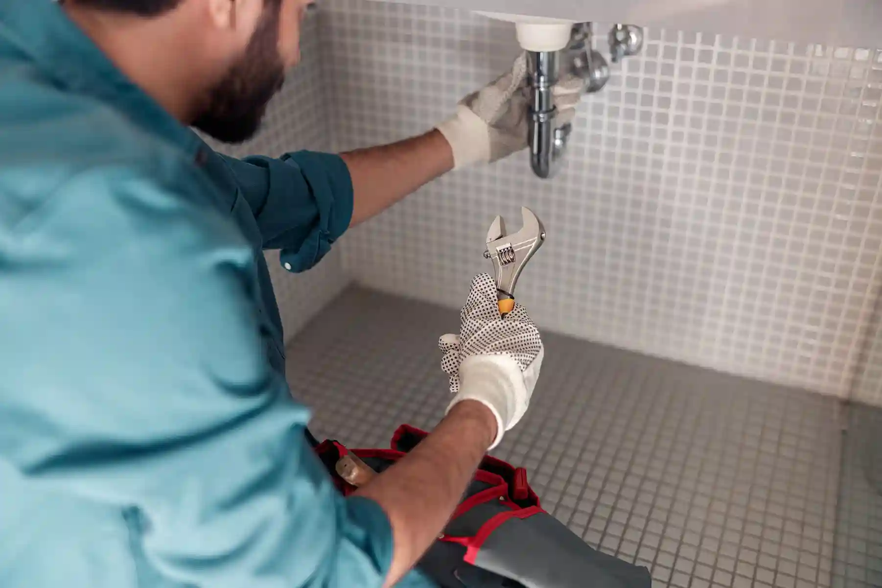 Plumber in gloves holding a wrench while repairing a sink drain in a tiled room.