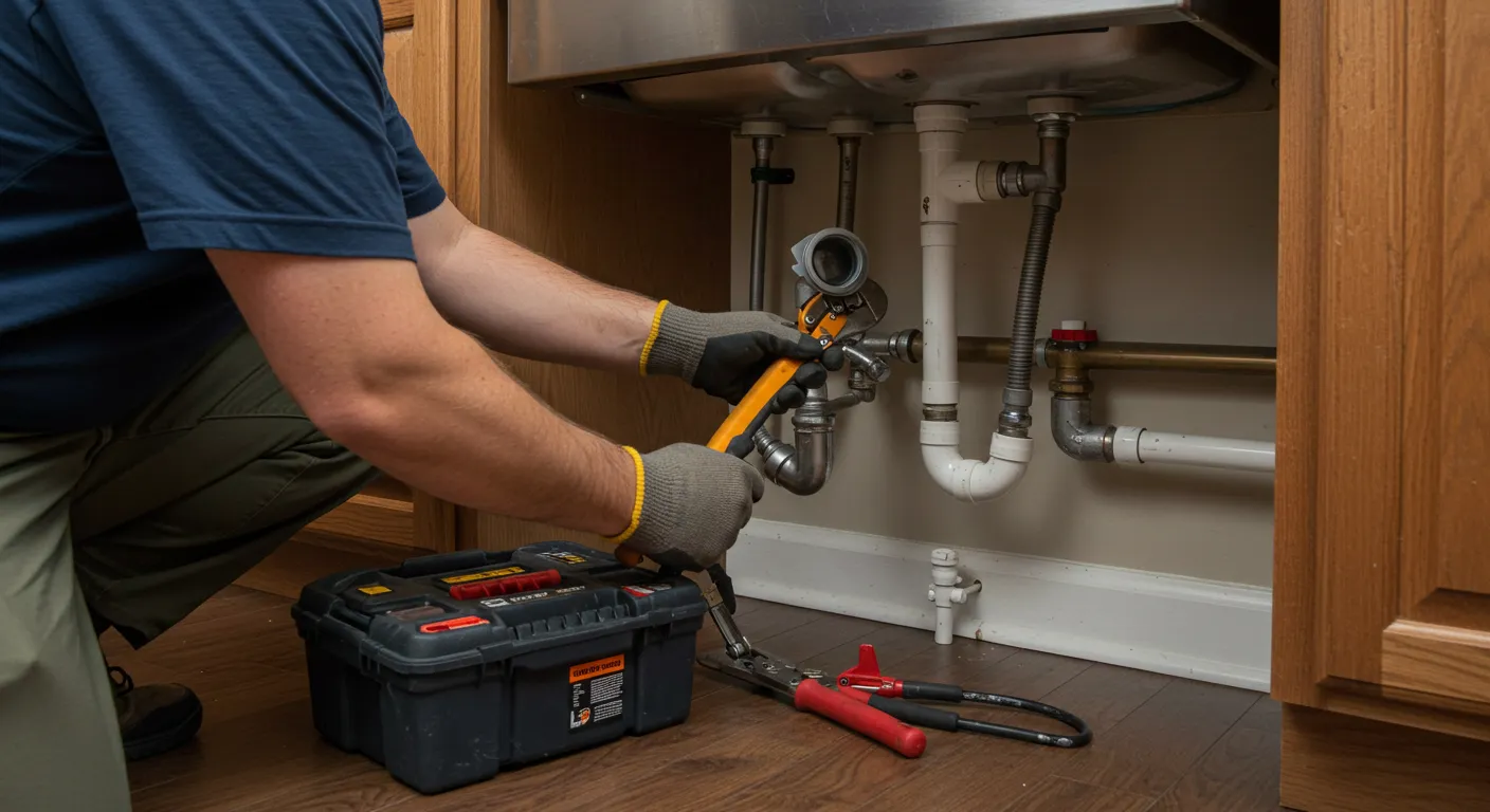 Plumber using a specialized crimping tool to work on water pipes under a sink.