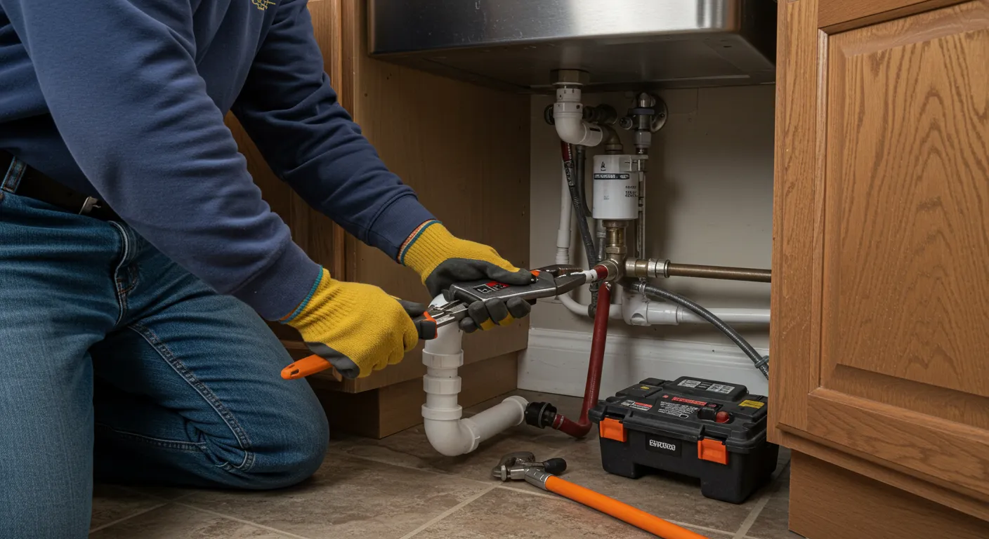 Plumber in yellow gloves working on white and red PEX pipes under a kitchen sink.