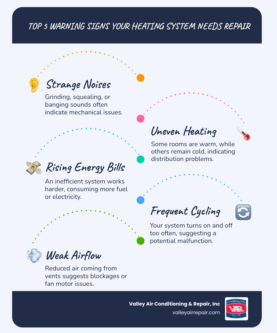 infographic showing five warning signs your heating system needs repair: unusual noises, uneven room temperatures, rising energy bills, frequent on-off cycling, and weak airflow from vents - heating repair clovis ca infographic infographic-line-5-steps-blues-accent_colors infographic showing five warning signs your heating system needs repair: unusual noises, uneven room temperatures, rising energy bills, frequent on-off cycling, and weak airflow from vents - heating repair clovis ca infographic infographic-line-5-steps-blues-accent_colors